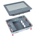 Kit caja de suelo compuesto por tapa de plástico rectangular y marco metálico con soportes para mecanismos en posición verti