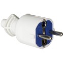 Clavija 2P+T 16A 250V PVC con doble sistema a tierra, sujetacables abatible para fácil embornamiento blanco